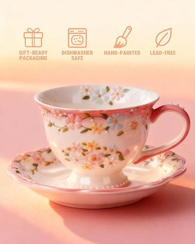 Moqidadii Exquisite Bone China Tea Cups and Saucer Set – Elegant Porcelain Tea Cups, Beautifully Detailed for Tea Lovers, Gift-Ready for Christmas, Hostess, Holiday Gift & Fall Decor thumbnail 7