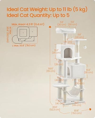 Feandrea Cat Tree, 59.5-Inch Tall Cat Tower, Plush Multi-Level Condo with 5 Scratching Posts, 2 Perches, 2 Caves, Hammock, 2 Pompoms, Cream White UPCT192T01 thumbnail 5