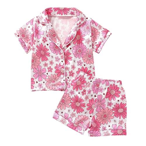 Qiylii 1-6Y Toddler Girls Floral Silk Pajamas Short Sleeve Button-Up Top Shorts Summer 2PC Flowers Satin Pajamas Set - Image 1