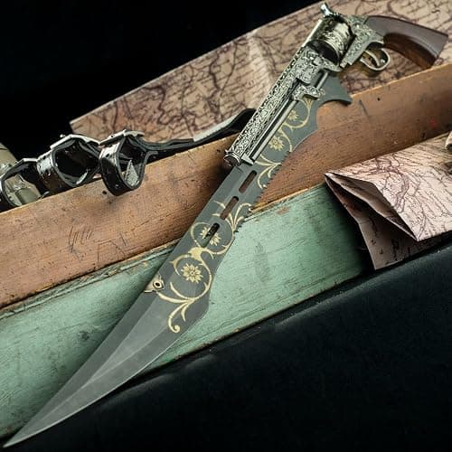 Steampunk Gun Blade Sword K Exclusive | 20 1/2" Rust Resistant Stainless-Steel Blade | Antique Finish | Laser-Etched and Engraved Accents | Spinning Barrel | Nylon Sheath Included | 26" Overall Length thumbnail 7