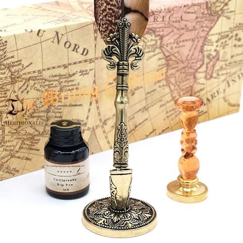 GC QUILL Antique Quill Pen Unique Half-Patterned Feather Pen Set with 6 Nibs 1 Bottle of Ink 1 Seal Stamp 1 Pen Holder 1 Sealing Wax LL-149 thumbnail 4