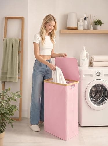 IEGrow Laundry Hamper with Lid,110L Laundry Basket with Mesh Bags,Pink | Dirty Clothes Hamper Basket with Bamboo Handle for Clothes Towels thumbnail 2