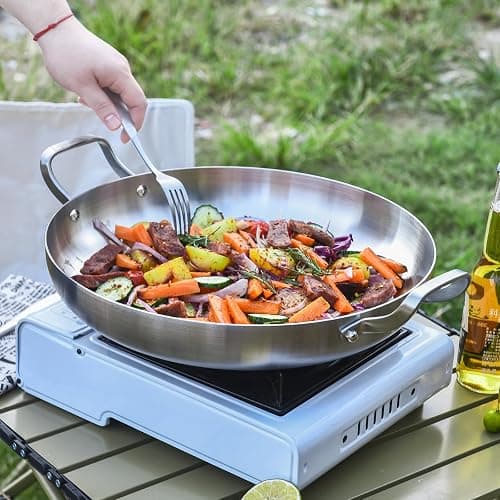 Inqibee 14 Inch Tri-Ply Stainless Steel Paella Pan with Lid,Large Skillet,Omelet,Griddle,Induction Cooking Pan,Dishwasher and Oven Safe. thumbnail 2
