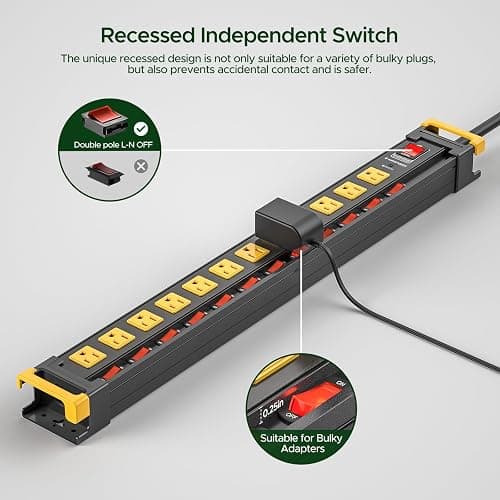 12 Outlet Long Heavy Duty Power Strip with Individual Switches,3300J Surge Protector Metal Power Strip,Wide Spaced,6Ft Cord Managment for School,Garage,Office,Workbench,ETL Listed(15A/1875W) thumbnail 2
