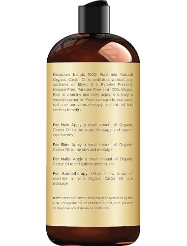 Handcraft Blends Organic Castor Oil 16 Fl Oz | 100% Pure and Natural | Premium Grade Carrier Oil | Hair, Eyelashes and Eyebrows | Hair and Body | Expeller-Pressed | Hexane-Free thumbnail 3