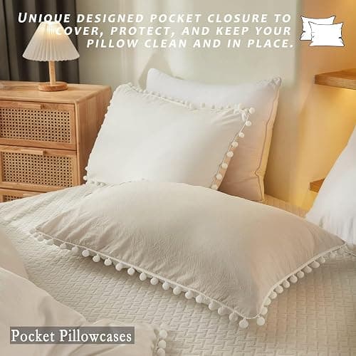 Bedbay Boho Bedding Comforter Set Kids Bedding Twin Cute Ball Pom Pom Fringe Farmhouse Bedding White and Beige Reversible Preppy Comforter Set(White&Beige,Twin) thumbnail 6