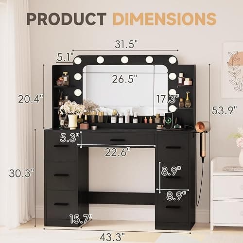 YESHOMY Vanity Desk with Large Lighted Mirror, Power Outlet and 11 Lights, Makeup Table with 7 Drawers and 3 Desktup Storage Units, 3 Color Modes Available for Bedroom, Black thumbnail 2