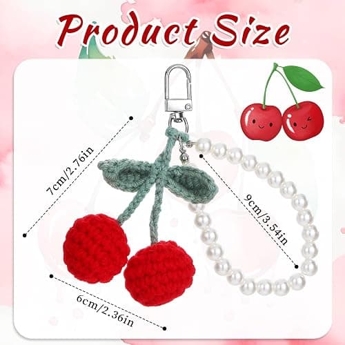 Apausvcm Cherry Pearl Keychain, Kawaii Cherry Crochet Key Chains Accessories Handmade Weaving Cute Car Rearview Mirror Hanging Accessories Bag Purse Charms for Handbags Backpack Women Girls Gift thumbnail 2