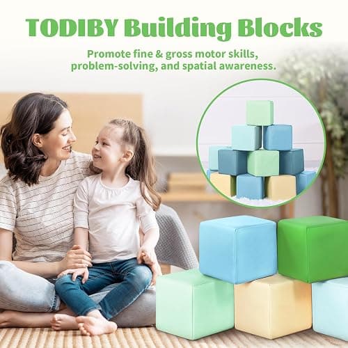 Todiby Foam Building Blocks for Toddlers：12-Pieces Wipeable Leather Stacking Cubes Kids - Large Soft Toys Play Set for Learning Construction Baby Preschool Daycare Therapy Birthday Gift (Yellow Green) thumbnail 3
