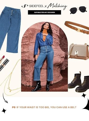 Sidefeel Women's Wide Leg Jeans High Waisted Zimbaplatinum Stretchy Straight Leg Jeans Buttoned Loose Denim Pants with Pocket thumbnail 7