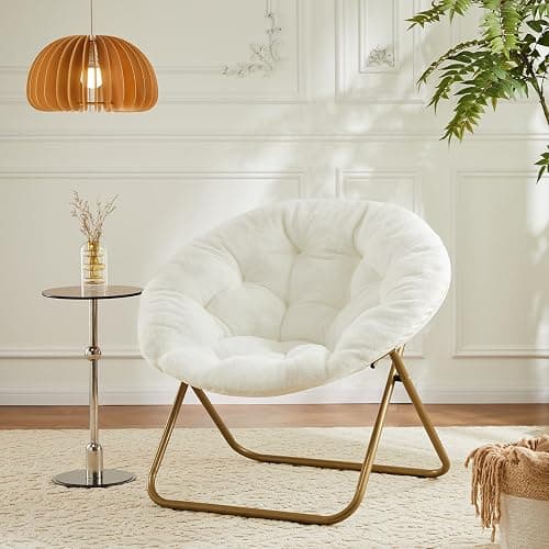 DUMOS Faux Fur Saucer Chair, Foldable Comfy Chair for Bedroom, White | Lounge XL Moon Mushroom Style, Circle Round Oversized Accent Seat, Gaming Dorm Small Spaces, Comfortable Modern thumbnail 9