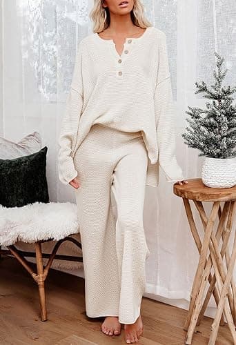 Pink Queen Women's 2 Piece Fall Outfit Lounge Set Long Sleeve Button Pullover Sweater Matching Wide Leg Pants Knit Sweatsuit thumbnail 2