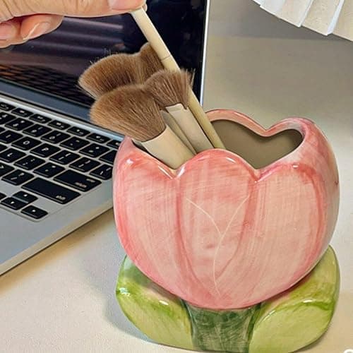 Busnos Pen Holder for Office Desk Accessories Aesthetic Pink Makeup Brush Holder Pencil Holder Cute Tulips Home Decor Birthday Gifts for Women Vanity Toothbrush Holder Kawaii Kitchen Utensil Holder thumbnail 2