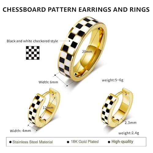 Checkered Jewelry Set for Women - 18K Gold Plated Stainless Steel Checkerboard Ring & Black and White Checkered Hypoallergenic Chunky Huggie Hoop Earring, Gift-Ready Packaging for Mother's Day Valentine's Day thumbnail 6