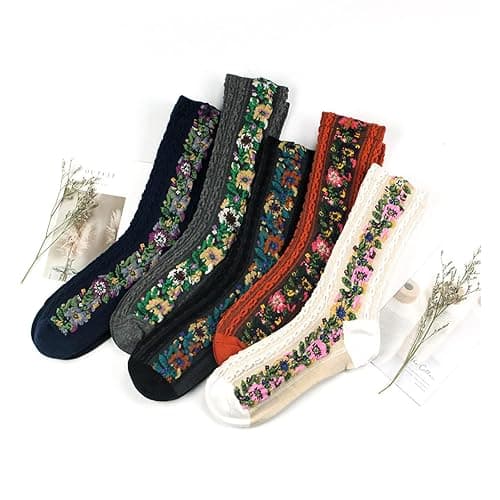 jecvxor 5 Pairs Women's Floral Design Vintage Crew Socks Ethnic Jacquard Knit Set, Red, Grey, Blue, White, Black thumbnail 6