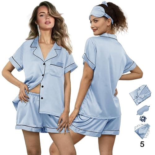 WJing Yi Jia 5Pcs Womens Soft Satin Pajama Set XS-4XL Button-Down Silk Pajamas Floral Sleepwear Bridal Pjs Lounge Pj Sets thumbnail 4