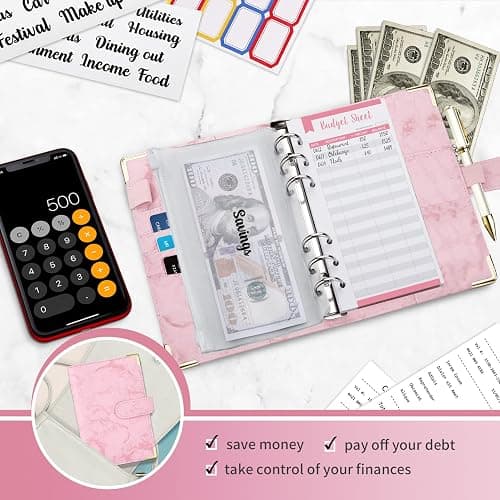 Onlyesh Budget Binder, Cash Envelopes for Budgeting, Money Organizer for Cash, 28Pcs Budget Binder with Cash Envelopes, Marble 6-Ring Money Saving Binder(Pink) thumbnail 7