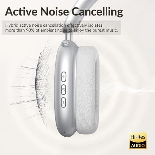 Wentronic Y02 Active Noise Cancelling Headphones,60H Battery,5 EQ Music Modes,Hi-Res Audio,Deep Bass,Foldable Wireless Over Ear Bluetooth 5.4 Headset,Breathable Leather Earpads (Silver) thumbnail 3