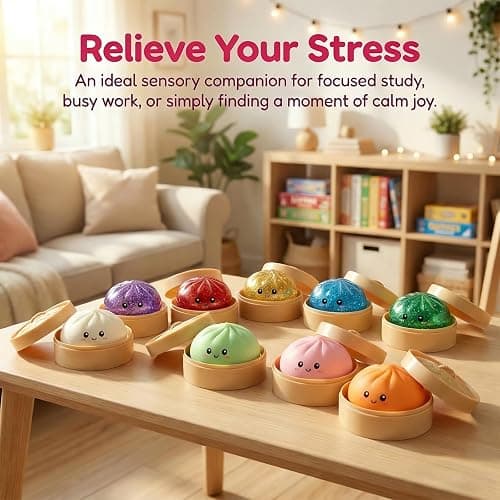 Dumpling Squeeze Toys, Glitter Dumpling Squeeze Toy with Steamer Box, Soft Dough Dumpling Stress Ball, Sensory Mystery Gifts for Kids & Adults, Classroom Prizes & Party Favors (A-Blue) thumbnail 3