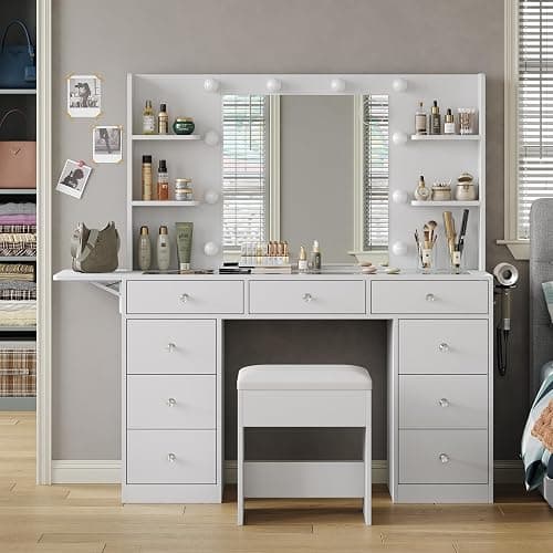 Yanosaku Vanity Desk & Power Outlet, Makeup Vanity with Mirror and 10 LED Lights, 3 Lighting Modes Brightness Adjustable, Makeup Table with 4 Shelves and Fold-up Panel, Vanity Set for Bedroom, White - Image 1