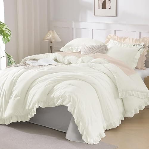 Andency Ivory Comforters Queen Size, 3 Pieces Solid Shabby Chic Farmhouse Bedding Comforters & Sets, Lightweight Fluffy All Season Soft Down Alternative Bed Set for Women Men thumbnail 4