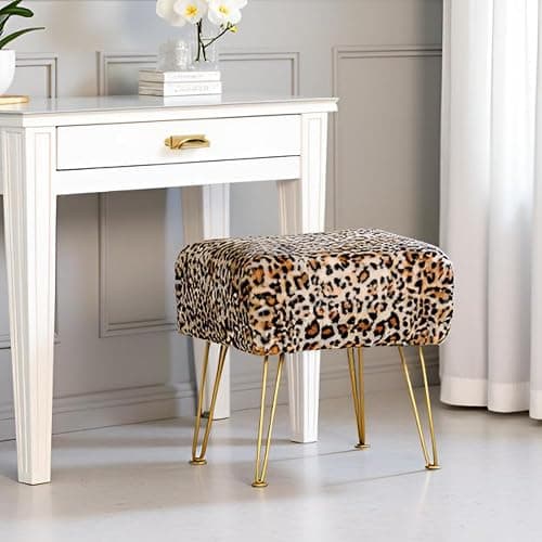 Warmaxx Leopard Print Square Ottoman 17"x17"x17" Faux Fur Entryway Bench Footrest Stool Accent Seating Cheetah Furry Ottoman Bedroom Vanity End of Bed for Bathroom Living Room Decor thumbnail 4