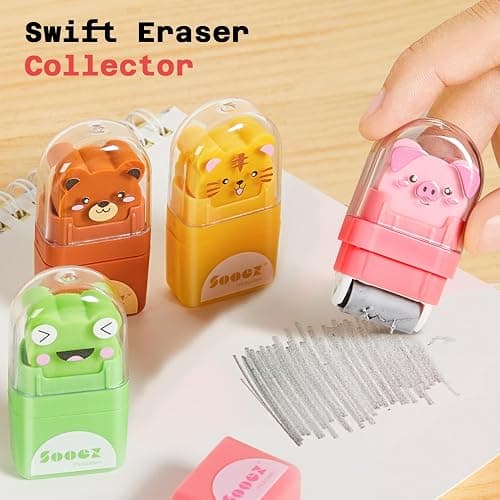 Sooez 12 Pack Pencil Erasers, Cute Animal Eraser with Clean up Roller and Cover, Latex-Free, Bulk Art Drawing Erasers for Students & Teacher Classroom/School Supplies, Party Favor thumbnail 5