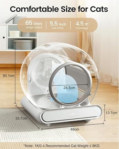 Lettiera Gatto Autopulente, 65 lLettiera Automatica per Gatti Intelligente,Sicurezza, Controllo App Cassetta per Gatti Abilitata WiFi, con Sacchi Spazzatura, Pulizia Facile thumbnail 4