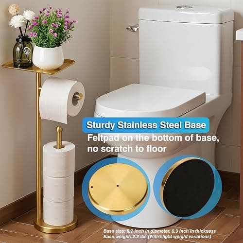 Gold Toilet Paper Holder with Shelf, Freestanding Tissue Holder Stand with Storage Space for Extra 4 Toilet Paper Rolls (Stainless Steel Base, Gold) thumbnail 6