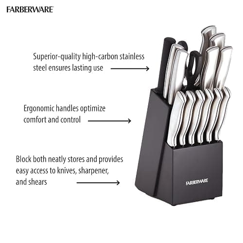 FARBERWARE 15-Piece Kitchen Knife Set with High-Carbon Stainless Steel Blades, Black Handles, Steak Knives, Wood Block, Razor Sharp and Ergonomic thumbnail 8