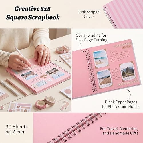8 x 8in Pink Scrapbook Album, 60 Pages Striped Creative DIY Photo Album | Pink Memory Photo Book, Scrapbook Cute for Pictures Stickers, Travel, Wedding, Craft Parties, Baby, Birthday Dinners & Gift thumbnail 5