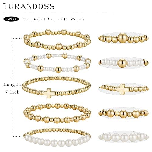 Turandoss 5PCS Gold Beaded Bracelets for Women Teen Girls, 14K Gold Plated | Gold Beaded Bracelet Stack, Dainty Turquoise Cross Pearl Round Ball Bracelet Set, Women Teenage Girls Birthday Gifts Jewelry thumbnail 5