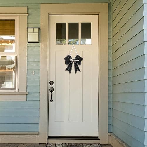 Black Bow Decor Hanging Sign Cute Coquette Bow Decoration Double-sidedWooden Bowknot Welcome Door Sign for Preppy Room Wall Home Bedroom Fall Halloween Indoor Outdoor Porch thumbnail 6