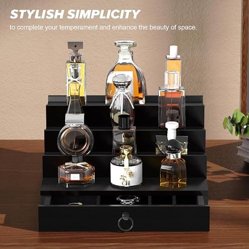 upcessory Cologne Organizer for Men, 4 Tier Black Wood Perfume Organizer with Felt Lining Drawer and Hidden Compartment, Perfume Display Holder, A Gift for Men thumbnail 8