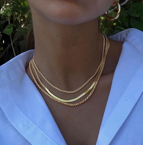 DEARMAY 14K Gold Plated Necklaces for Women, Dainty Gold Herringbone Choker Necklace Thin Layered Snake Chain Jewelry for Gifts thumbnail 4