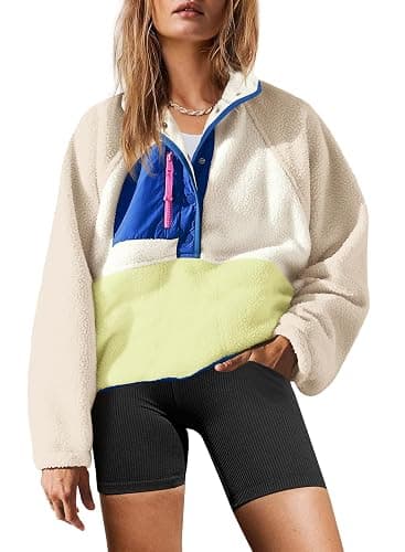 Yanekop Womens Fuzzy Fleece Pullover Sherpa Sweatshirt Long Sleeve Button Down Sweater Winter Fleece Jacket with Pockets - Image 1