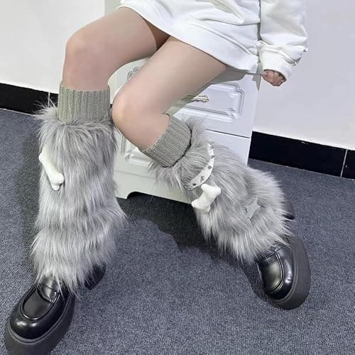 CHERSE Furry Leg Warmers for Women 3in1 Kawaii Star Bone Plush Y2K Leg Socks Pink Lolita Faux Fur 80s Harajuku Punk Gothic thumbnail 3