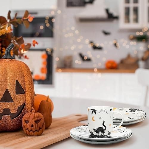 SiliFine 8 Pcs Vintage Halloween Ceramic Dinnerware Set 8 Inch Gothic Plates and 11 oz Mugs Halloween Haunted Owl Pumpkin Cat Dessert Plates and Mugs for Indoor Outdoor Party Kitchenware Gift thumbnail 6
