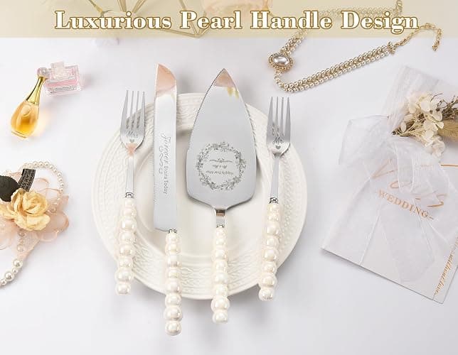 BEKESIN Wedding Cake Knife and Server Set, Ceramic Pearl Handle Cake Cutting Set for Weddings, Engagements, Anniversaries, and Engagement Gifts for Couples thumbnail 3