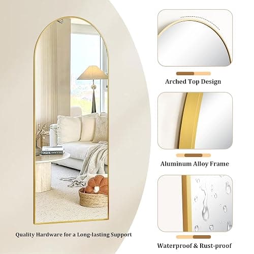 POMILER Arched Full Length Floor Mirror with Gold Aluminum Frame, 56"x15" | HD Tempered Glass, Wall or Floor Mount, Distortion-Free Reflection, Float Glass & Alloy, Multiple Display Options thumbnail 5