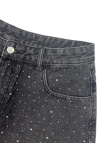 Jilwod Men's Baggy Jean Shorts Black Rhinestone Embroidered Jorts Loose Fit Denim Shorts Crystal Studs Casual Streetwear thumbnail 5