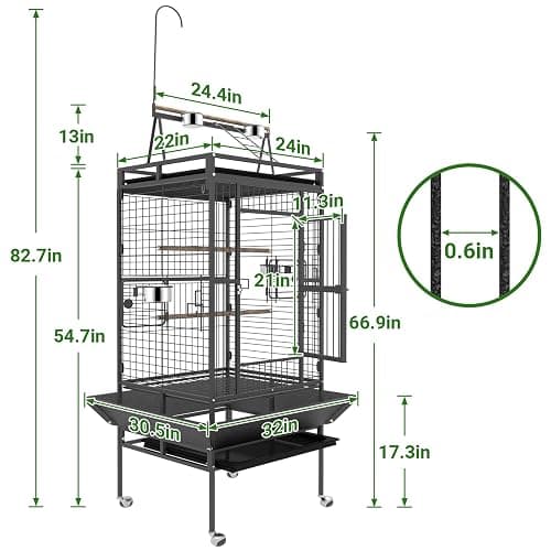 82 Inch Bird Cage, BOINN Bird Flight Cages with Rolling Stand & Bottom Tray, Wrought Iron Parrot Cage with PlayTop for Parakeet, Lovebirds, Ringneck, Cockatiels thumbnail 3