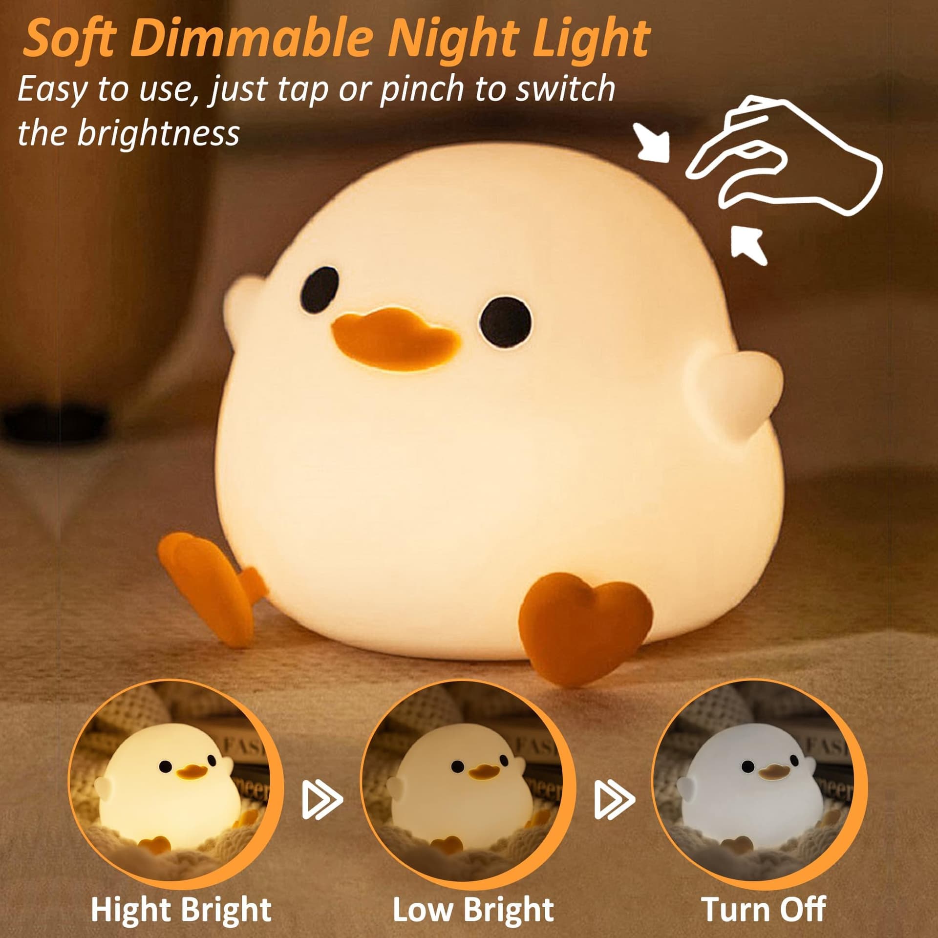 FULLOSUN Duck Light for Kids, Cute Silicone Animal Night Lamp with Touch Rechargeable Dimmable Timer, Best Decor for Children's Room Bedroom Desk, Present for Girls Boys Baby Toddler Xmas Birthday thumbnail 2