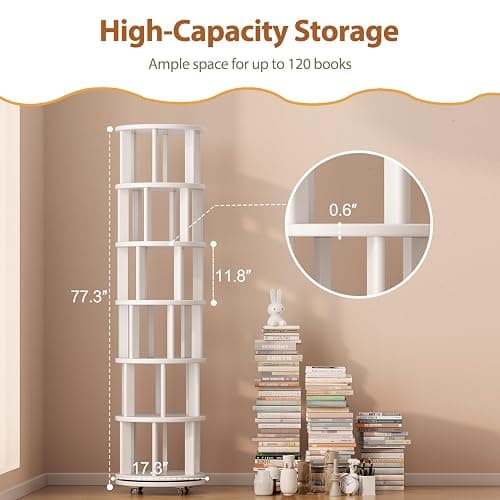 Muwuele Solid Wood Rotating Bookshelf on Wheels, 6 Tier, Round Revolving Bookcase, 360° Spinning Book Shelf Tower for Kids, Narrow Rolling Bookshelves for Small Space, Corner, Bedroom, Office, White thumbnail 2