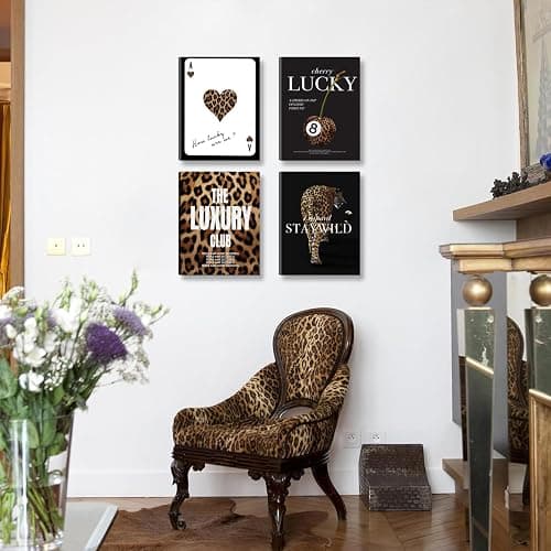 KBIERQN 4pcs Trendy Leopard Prints Canvas Wall Art Lucky 8 Ball Poster Preppy Room Stay Wild Cheetah Pictures Luxury Club Poster for Girls Bedroom Apartment Dorm Wall Decor 12x16In Framed thumbnail 8
