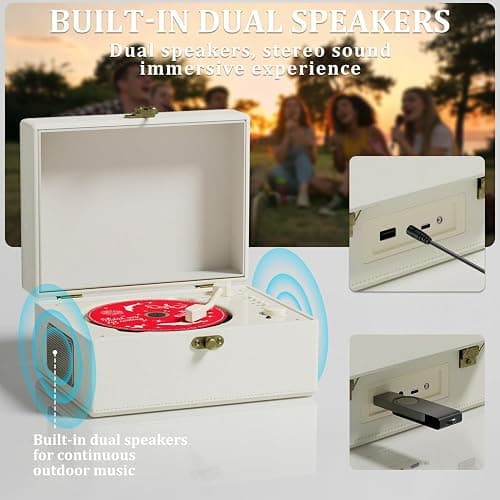 Yintiny Rechargeable Leather CD Player with Speakers, Bluetooth Transmitter, Festival Gift, BGM Player for Home Decor., white thumbnail 4