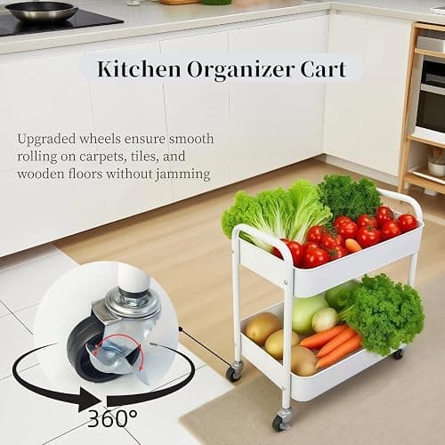 LIWNYRK 2 Tier Metal Rolling Cart with Wheels for Under Desk Storage & Pantry Storage, High Load-Bearing Kitchen Utility Cart for Small Space, Laundry Room Organization Side Table with 4 Hooks, White thumbnail 5