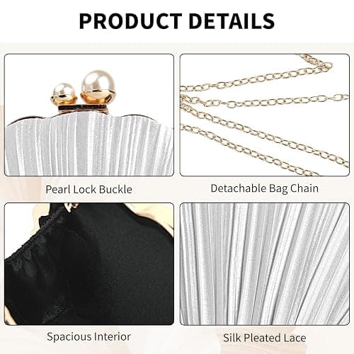 Veridina Women Mini Pleated Seashell Evening Clutch Handbag,Clutch Bag,Pearl Clutch,With Chain Strap thumbnail 5