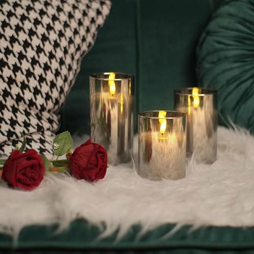 ILEEDear Bougies Led, Bougie Led Flamme Vacillante, Lot De 3 (10cm, 12.5cm, 15cm), Réaliste Effet De Verre, Bougie Decorative, Halloween Decoration, Aesthetic Room Decor, Intérieure Extérieure, Gris thumbnail 6