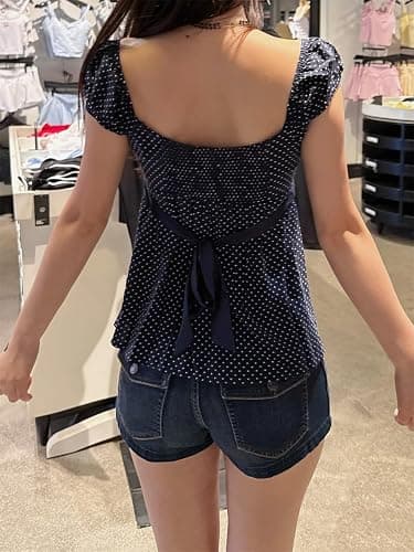 VnimVinter Women Fairy Grunge Y2k Babydoll Shirt Cap Sleeve Micro Polka Dot Tie Back Flowy Babydoll Top Preppy Clothes thumbnail 6